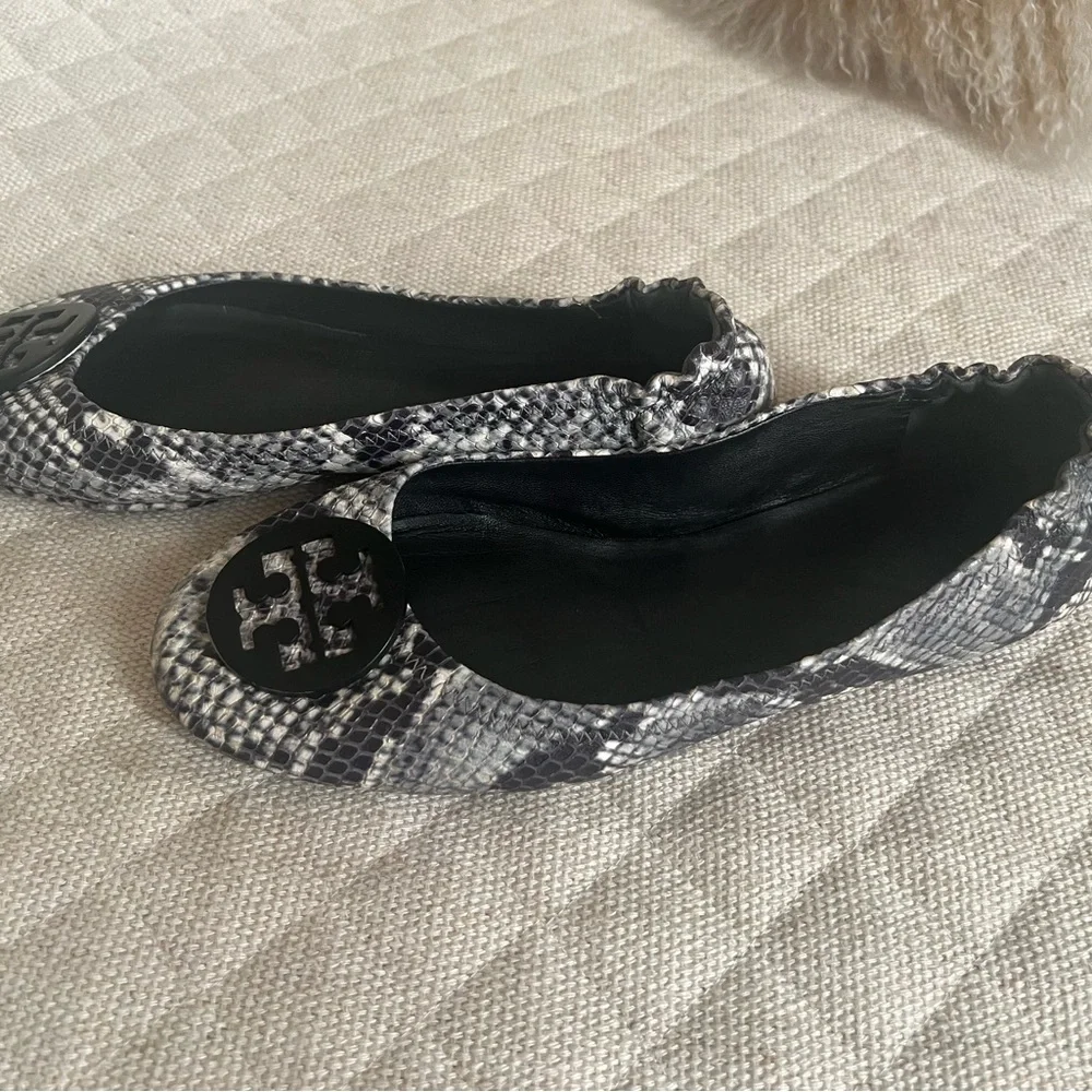 Tory Burch Metallic Silver Snake-Print Reva Ballet Flats